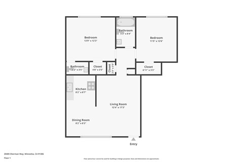 A floor plan of a property with two bedrooms, a living room, a kitchen, a dining room, a bathroom and two closets.