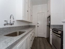 Kitchen view stainless steel appliances