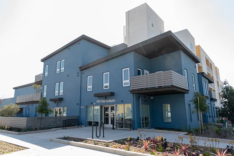 A modern building with a blue facade and a sign that reads "Pinyon Village Schools".