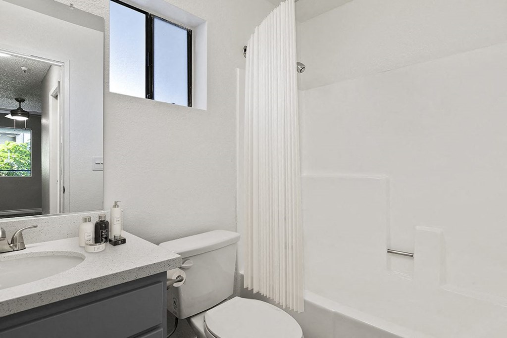 bathroom of a one bedroom apartment at Harbor Terrace Apartments, California, 90731