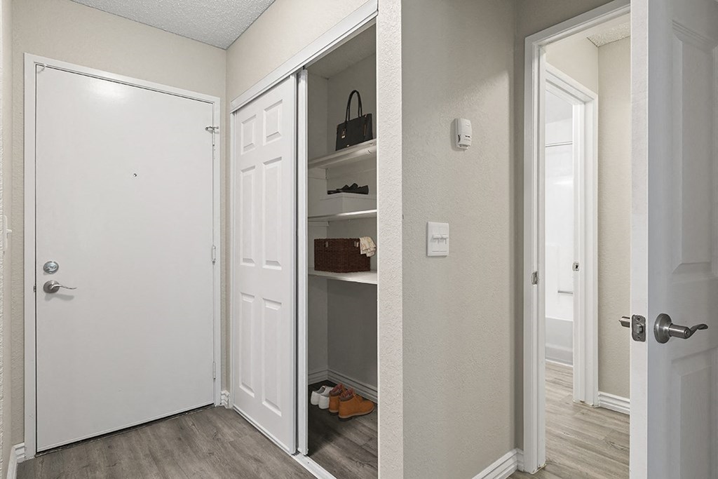 entry closet of a one bedroom apartment at Harbor Terrace Apartments, California, 90731