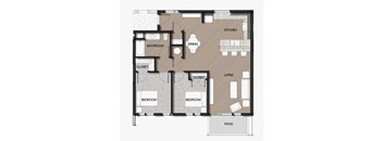 A floor plan of a house with labeled rooms including a kitchen, dining area, and two bedrooms.