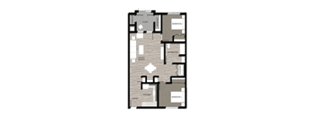A floor plan of a house with two bedrooms, a living area, a kitchen, a bathroom, and a laundry room.