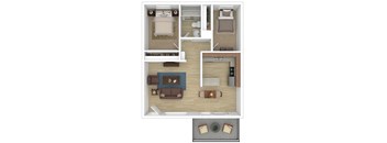 A top-down view of a living room, kitchen, and bedroom layout.