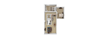 A top down view of a small apartment with a kitchen, living room, and bedroom.
