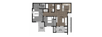A floor plan of a house with two bedrooms, a living room, a kitchen, a dining room, a walk-in closet, and a patio/balcony.