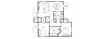 A black and white floor plan of a house with a living room, dining room, kitchen, two bedrooms, and a storage area.