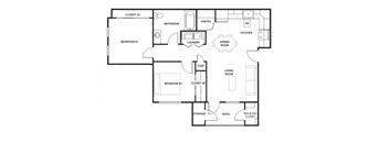 A black and white floor plan of a house with two bedrooms, a living room, a kitchen, a bathroom, a pantry, a storage area, and a patio.