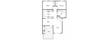 A floor plan of a house with a kitchen, dining room, living room, and bathroom.