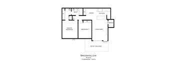 A black and white floor plan of a two bedroom apartment with a master bedroom and a living area at Brookhollow Apartments, West Covina , CA