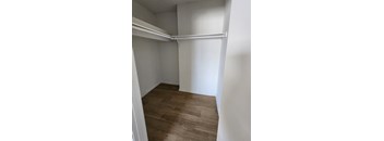 A white closet with a wooden floor.