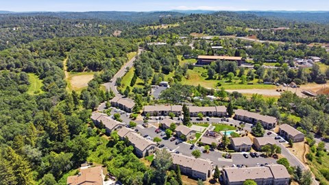 A bird's eye view of a residential area with houses surrounded by greenery.
