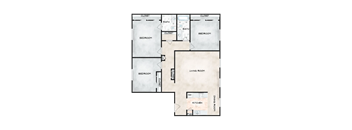 A floor plan of a house with four bedrooms, a living room, a kitchen, a dining room, and two bathrooms.