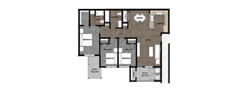A floor plan of an apartment with two bedrooms, a living room, a dining room, a kitchen, a bathroom, and a patio/balcony.