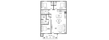 A floor plan of a house with labeled rooms such as Bedroom 2, Bath 2, Kitchen, and Living Room.
