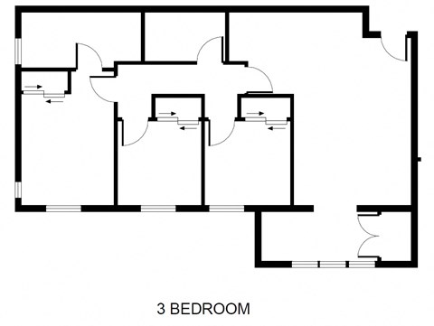 A 3 bedroom floor plan with a living room, two bathrooms, and a kitchen.