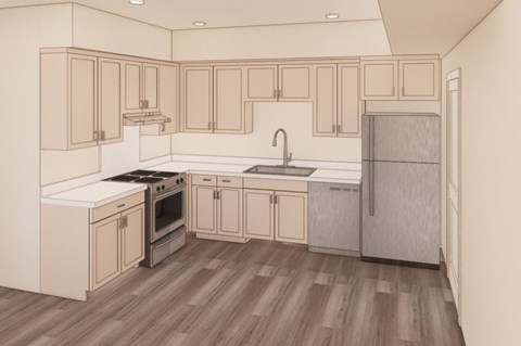 A kitchen with wooden floors and a refrigerator on the right.