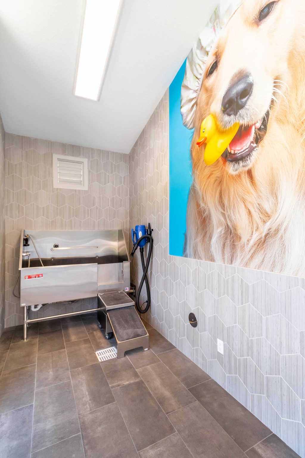 A dog is shown on a poster in a bathroom with a yellow rubber duck in its mouth. at Chaparral Apartments, Palmdale