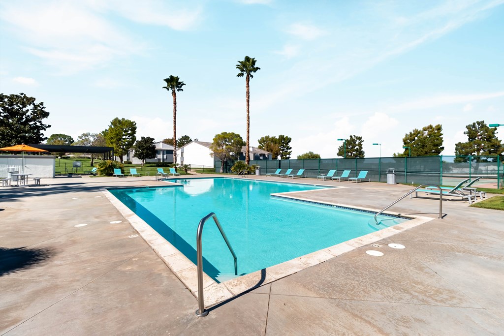 A large outdoor swimming pool surrounded by palm trees at Chaparral Apartments, Palmdale 93551