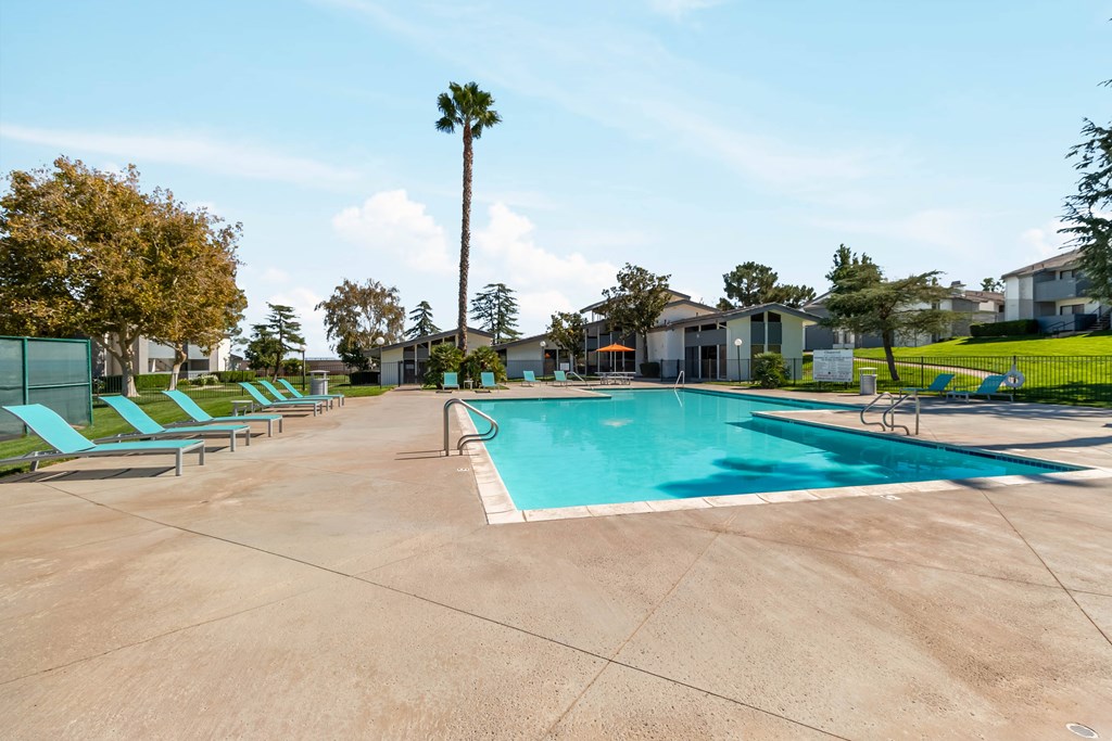 A large swimming pool surrounded by lounge chairs and palm trees at Chaparral Apartments, Palmdale, CA, 93551