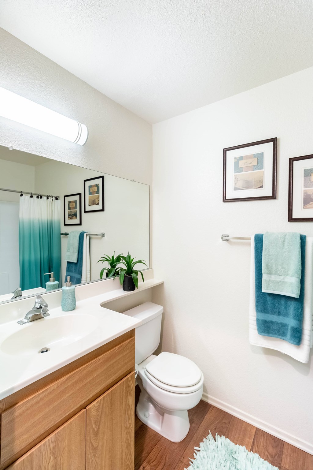 A bathroom with a toilet, sink, mirror, and pictures on the wall at Chaparral Apartments, Palmdale, California