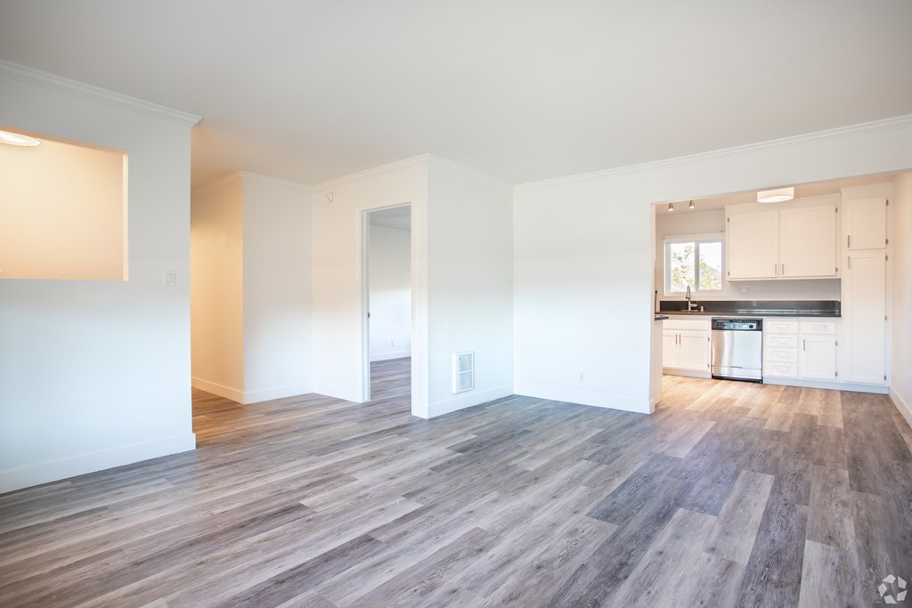 Apartment interior living room opens up to kitchen