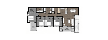 A floor plan of a house with four bedrooms, a patio, a kitchen, a dining area, and a living room.