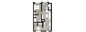 A floor plan of a house with a bedroom, bathroom, living room, kitchen, dining area, closet, laundry, and storage.