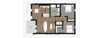A floor plan of a house with a kitchen, bathroom, living room, dining room, and bedrooms.