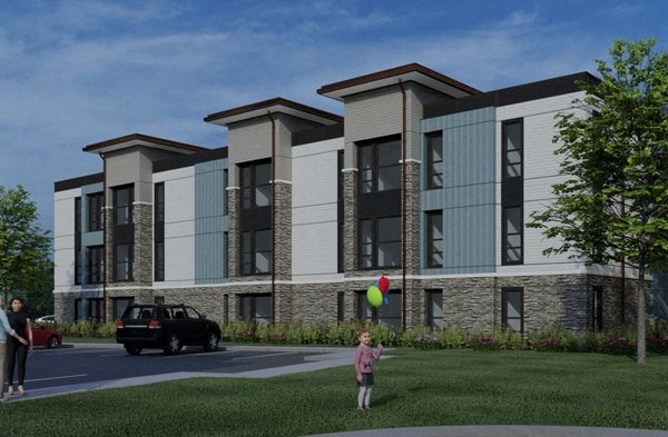 a rendering of an apartment building with a child playing with a balloon in front of it
