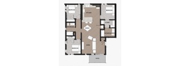 A floor plan of an apartment with a kitchen, dining area, and living room.