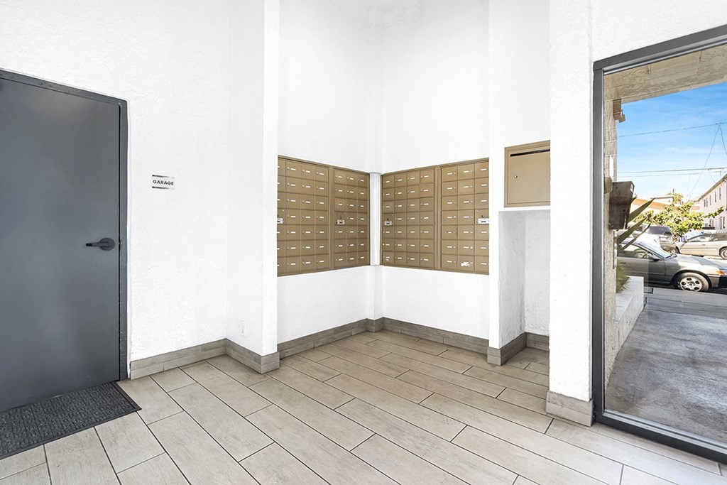 post office mailboxes in entry at Harbor Terrace Apartments, California, 90731