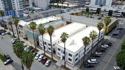 an aerial view of a building with palm trees