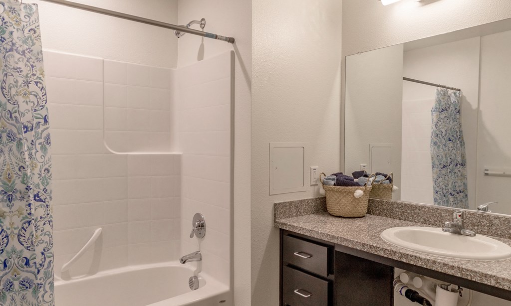 a bathroom with a shower and a sink and a mirror