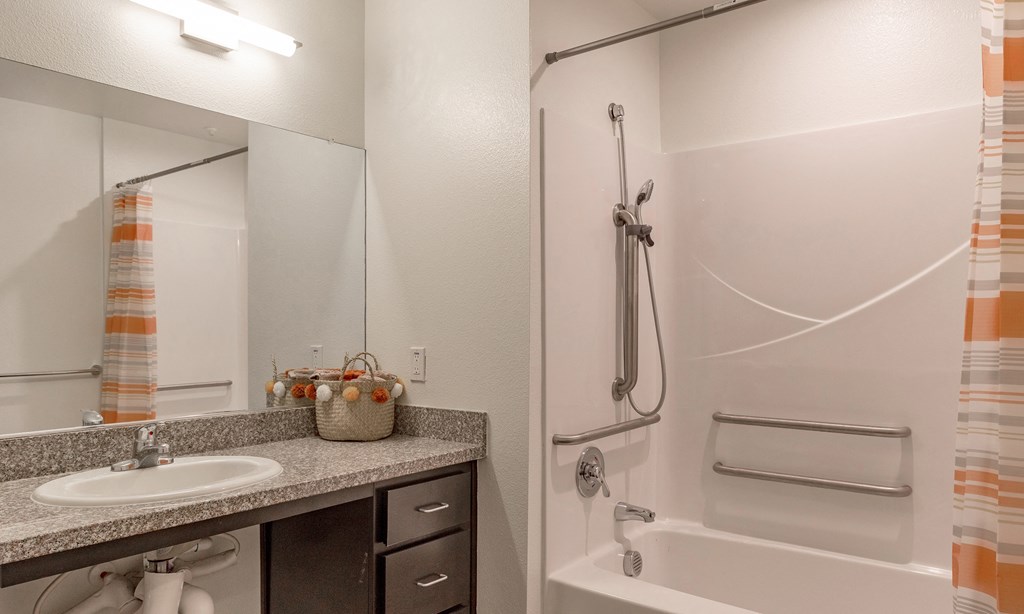 a bathroom with a shower and a sink and a mirror