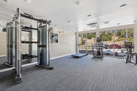 A gym with a variety of equipment including a squat rack, bench press, and a treadmill.