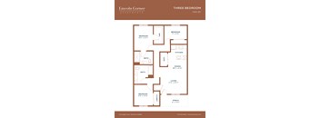 A three bedroom apartment floor plan by Lincoln Corner Apartments.