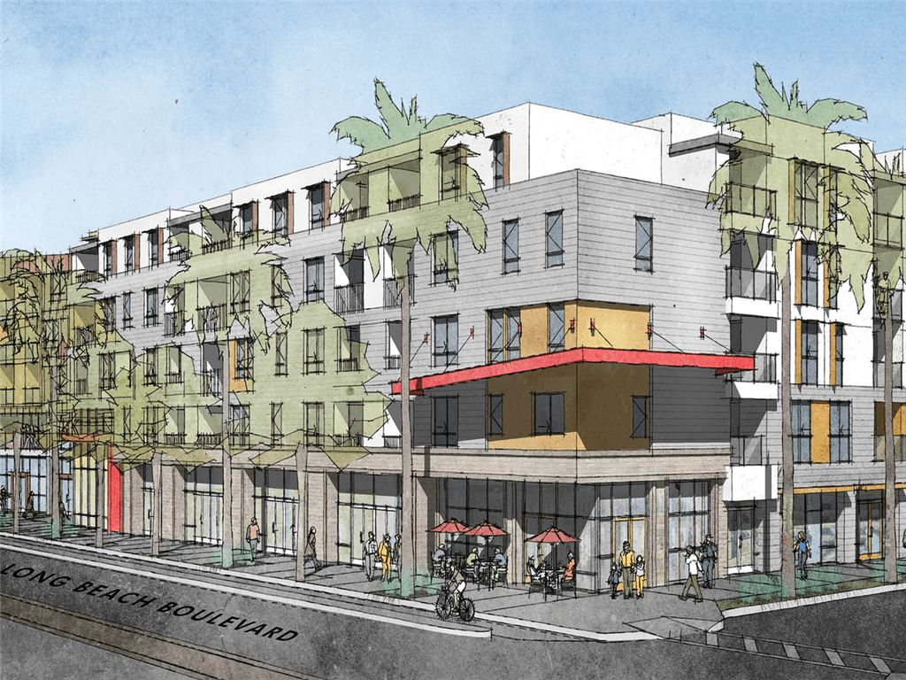 a rendering of a building with palm trees