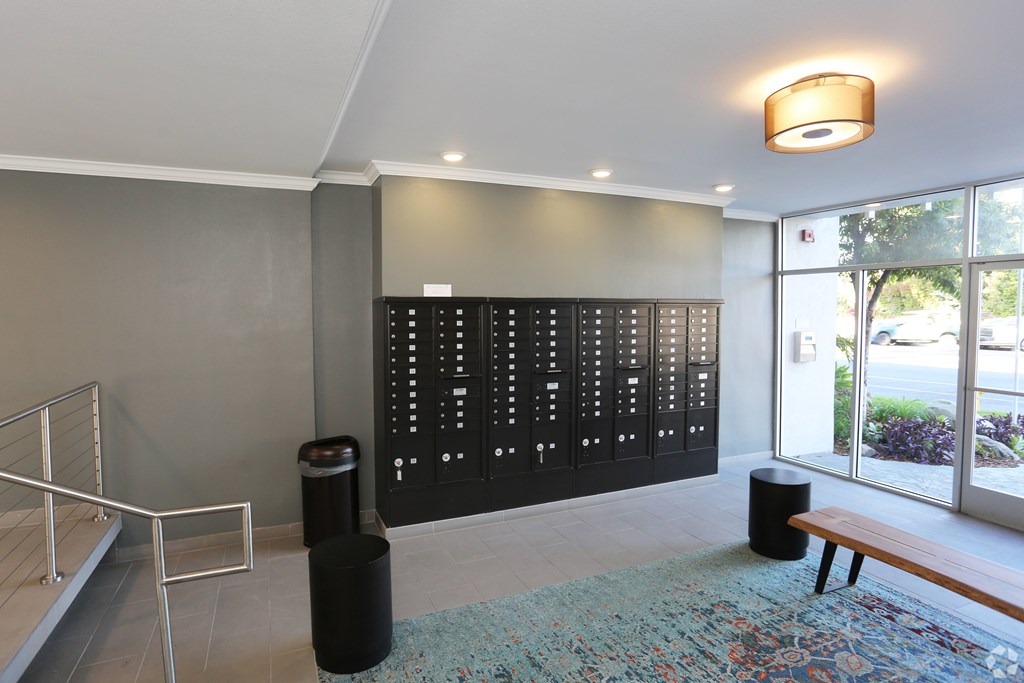 A hallway with a bench, a trash can, and a wall of lockers.