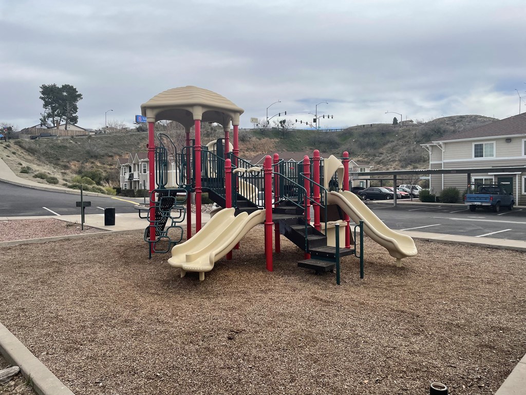 a playground with two slides and a climbing structure
