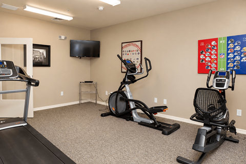 A room with exercise equipment and a television.