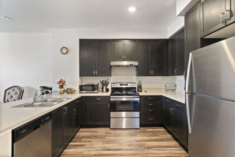 a kitchen with stainless steel appliances and black cabinets