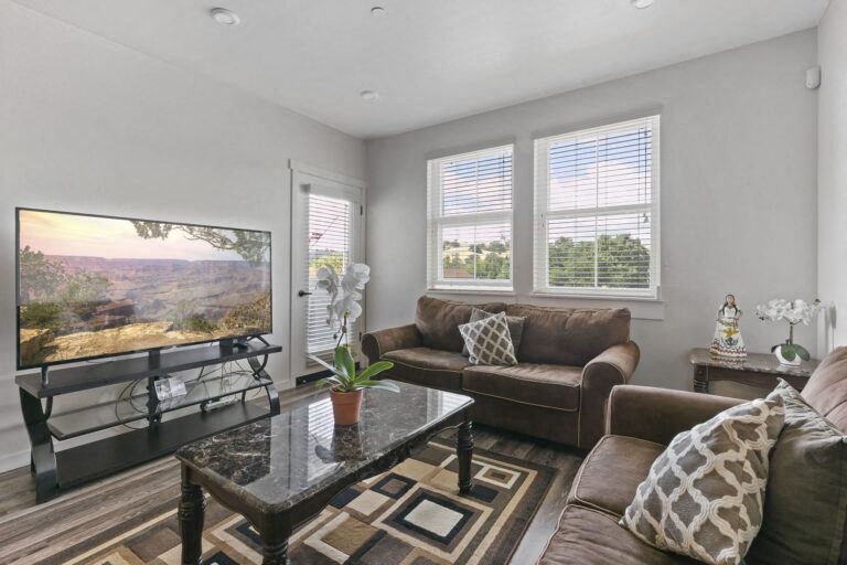 a living room with couches and a coffee table and a television