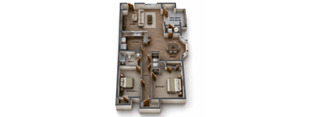 A 3D rendered image of a house layout.