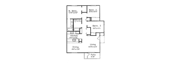 A floor plan of a house with a kitchen, dining area, two bedrooms, a living room, and a patio.