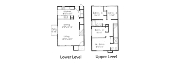 A floor plan shows a lower level with a kitchen, dining area and living room, and an upper level with three bedrooms.