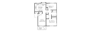 A floor plan of a house with a living area, kitchen, dining area, and patio.