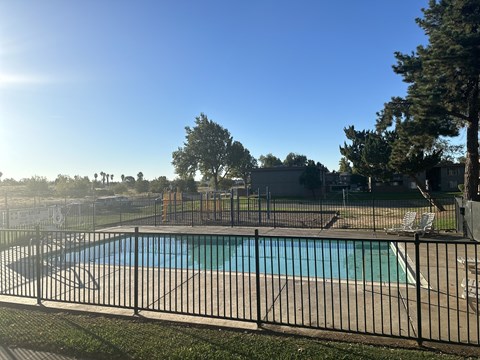 A black fence surrounds a blue pool in a sunny backyard.