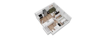 A top down view of a small apartment with a kitchen, living room, and bedroom.