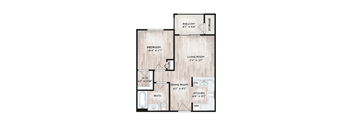 A floor plan of a house with a balcony, living room, dining room, kitchen, and bathroom.
